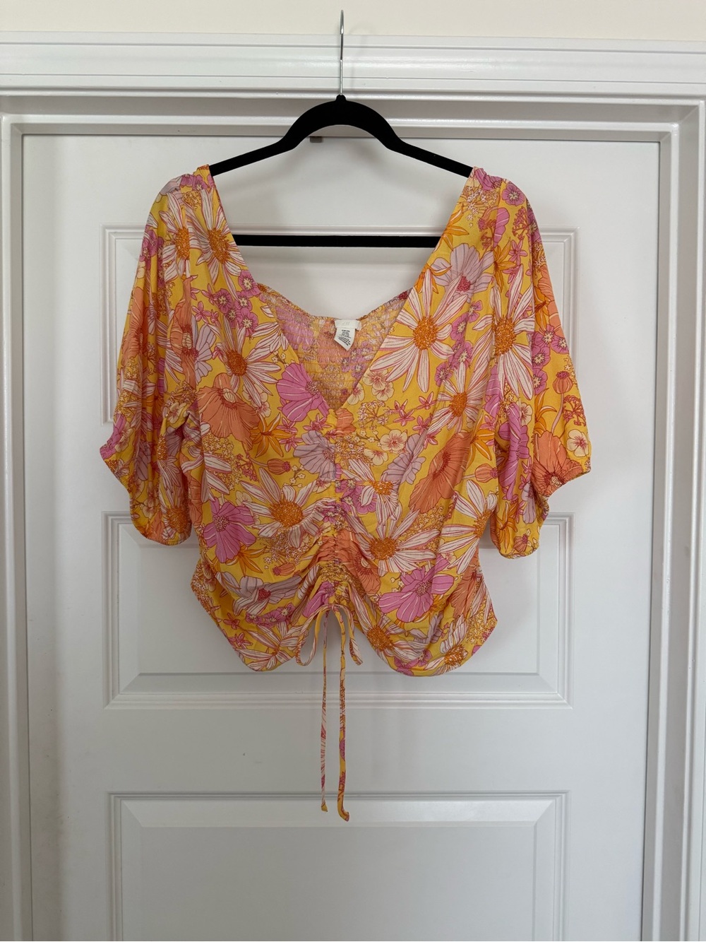 H&M Pink & Yellow Floral Ruched V-Neck Crop Top